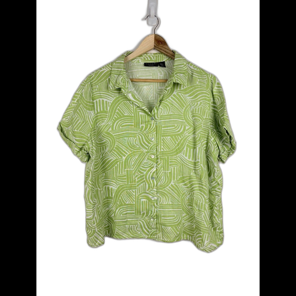 Tahari Lime Green 100% Linen Button Down Shirt Women’s XL Short Resort Boho
